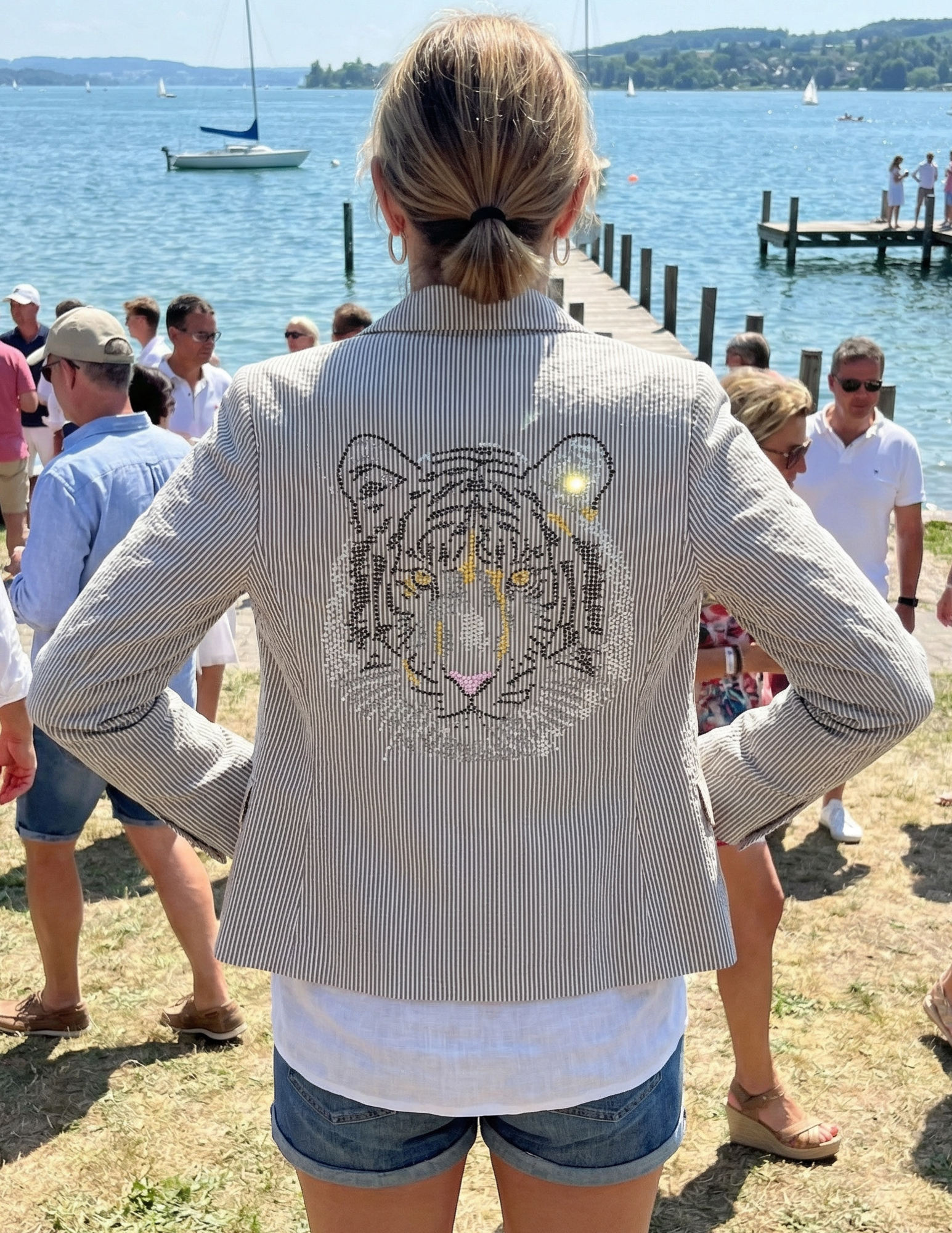 Silver Tiger on Tan Seersucker Blazer