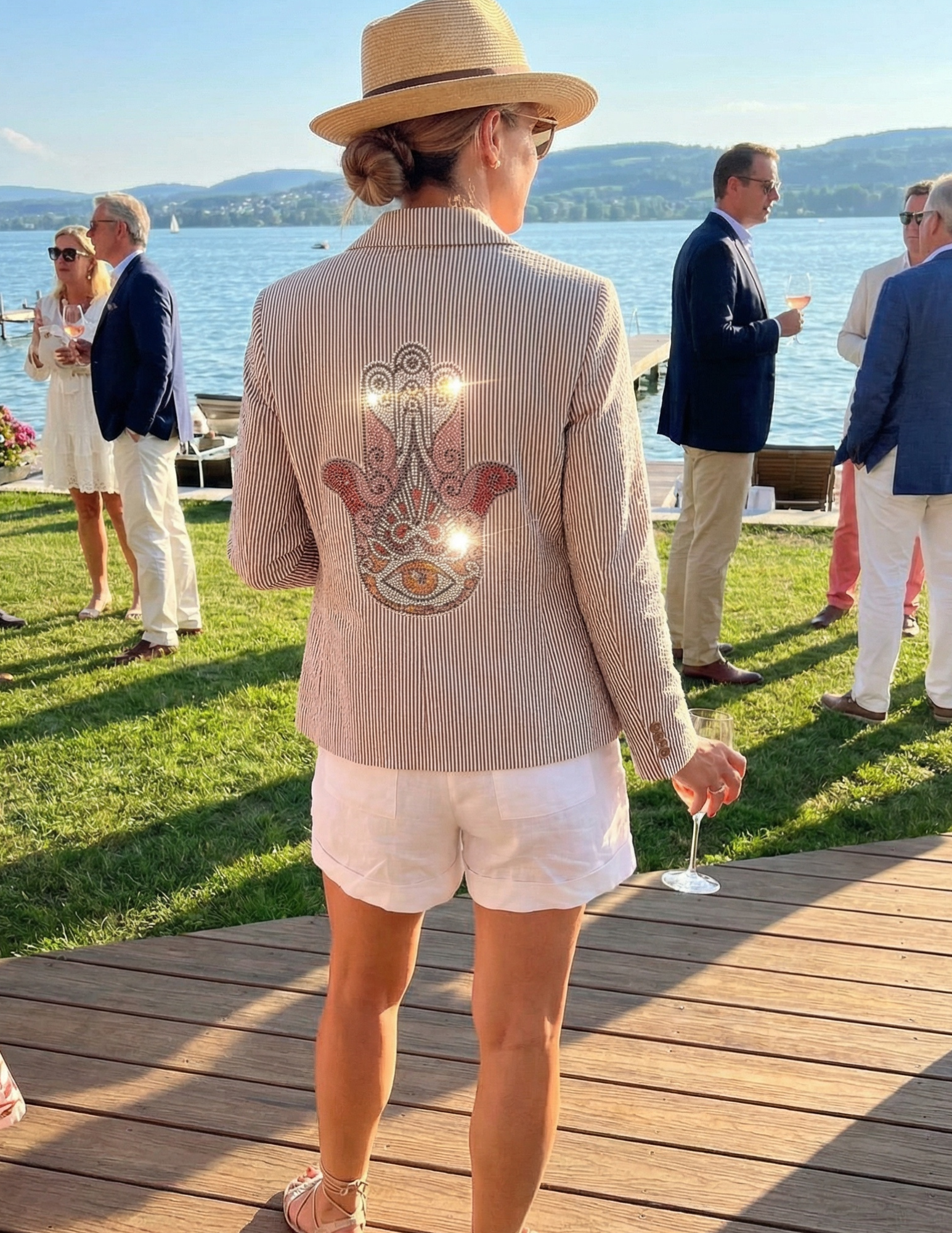 Pink Hamsa on Tan Seersucker Blazer