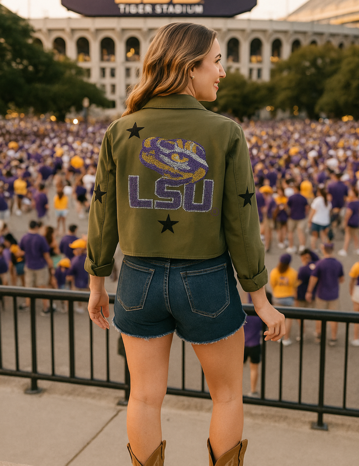 Licensed Game Day Shacket, Army Green, LSU w/ Tiger Eye
