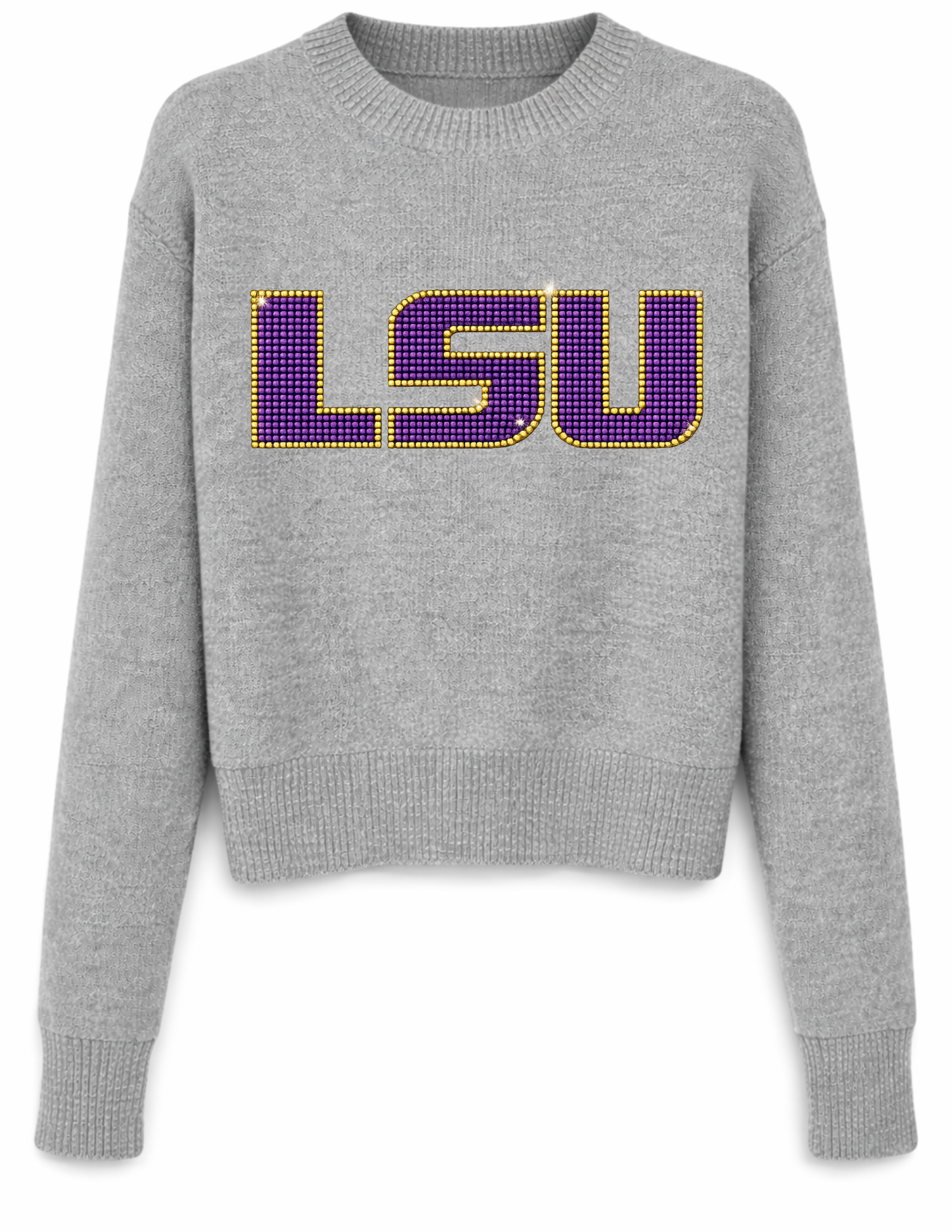 LSU Crystal Block Letters Gray Crewneck Sweater