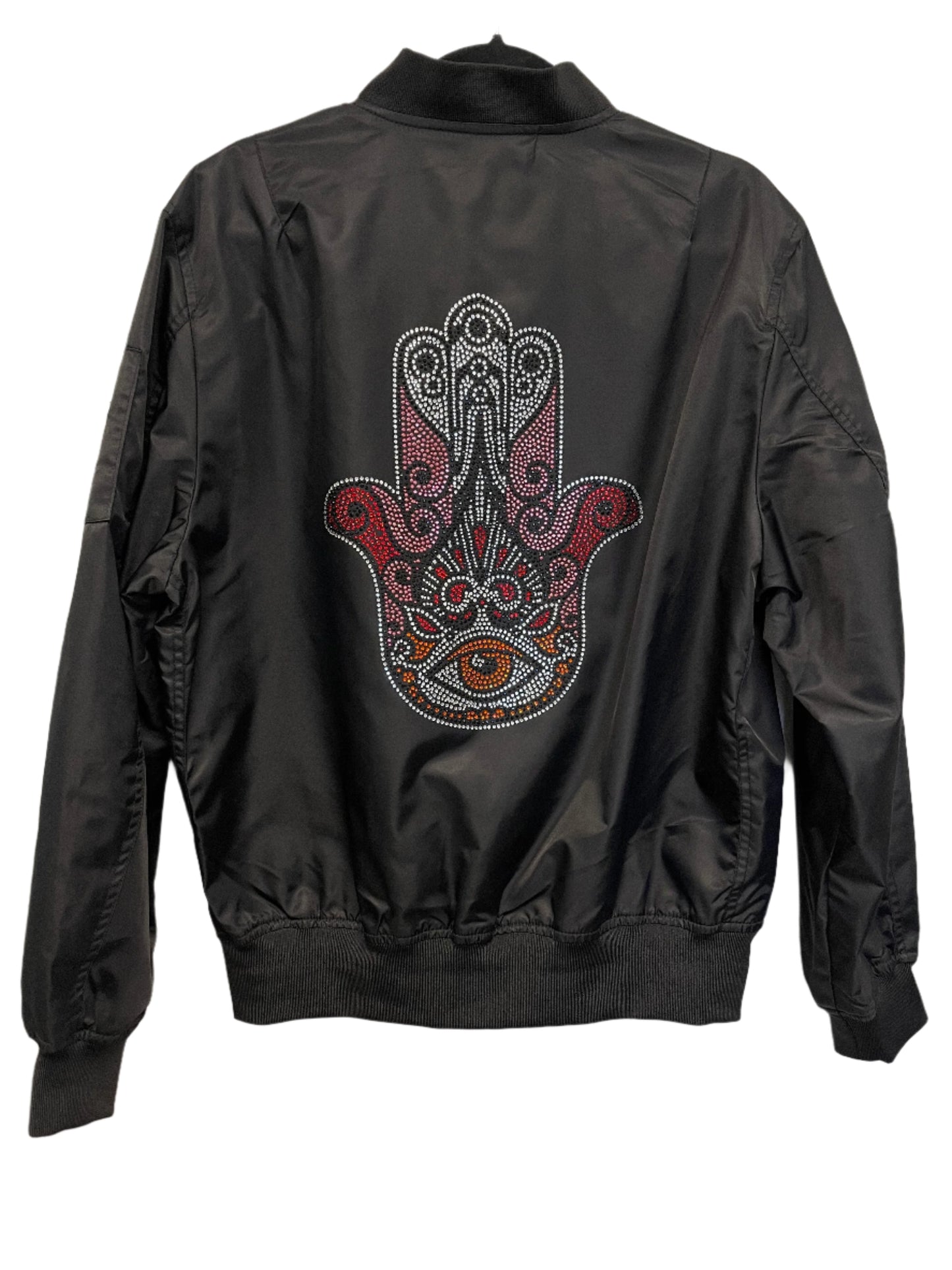 Black Bomber Jacket w/ Pink Hamsa