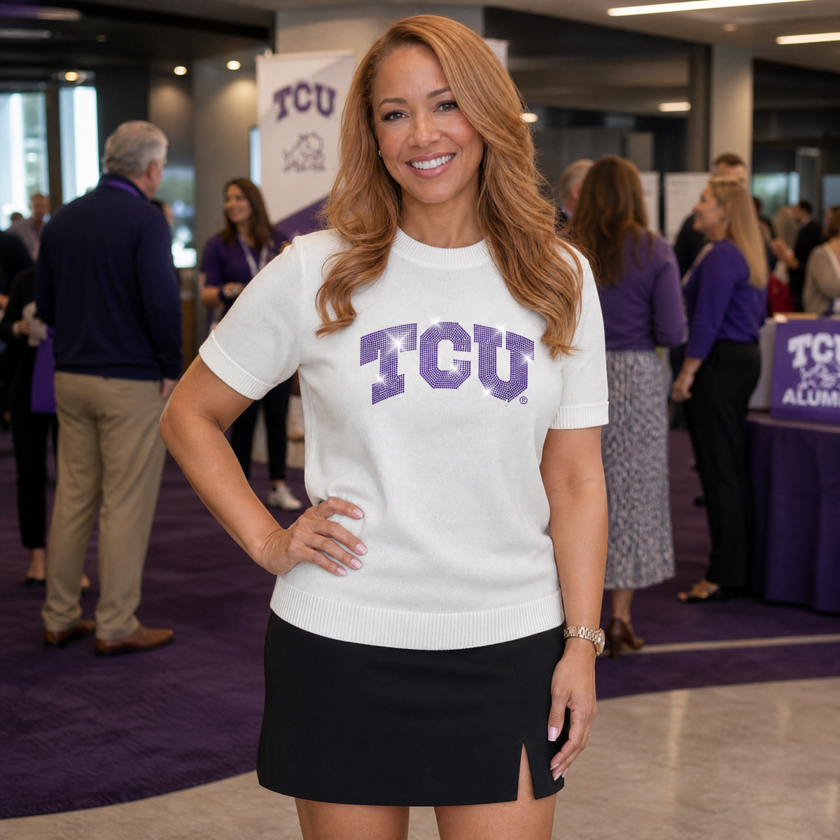 TCU Crystal Block Letters Ivory Short Sleeve Sweater