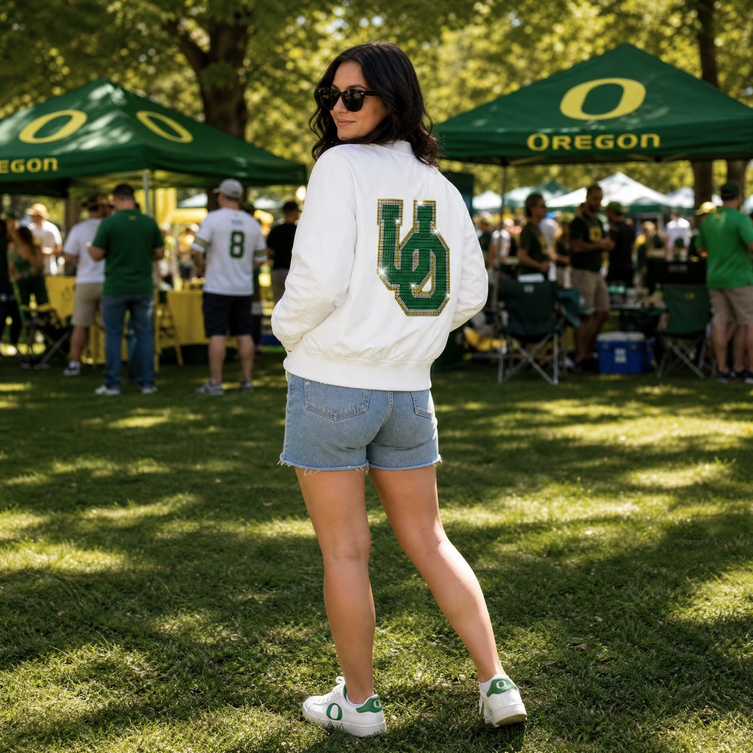 University Of Oregon Large Interlocking UO White Bomber Jacket