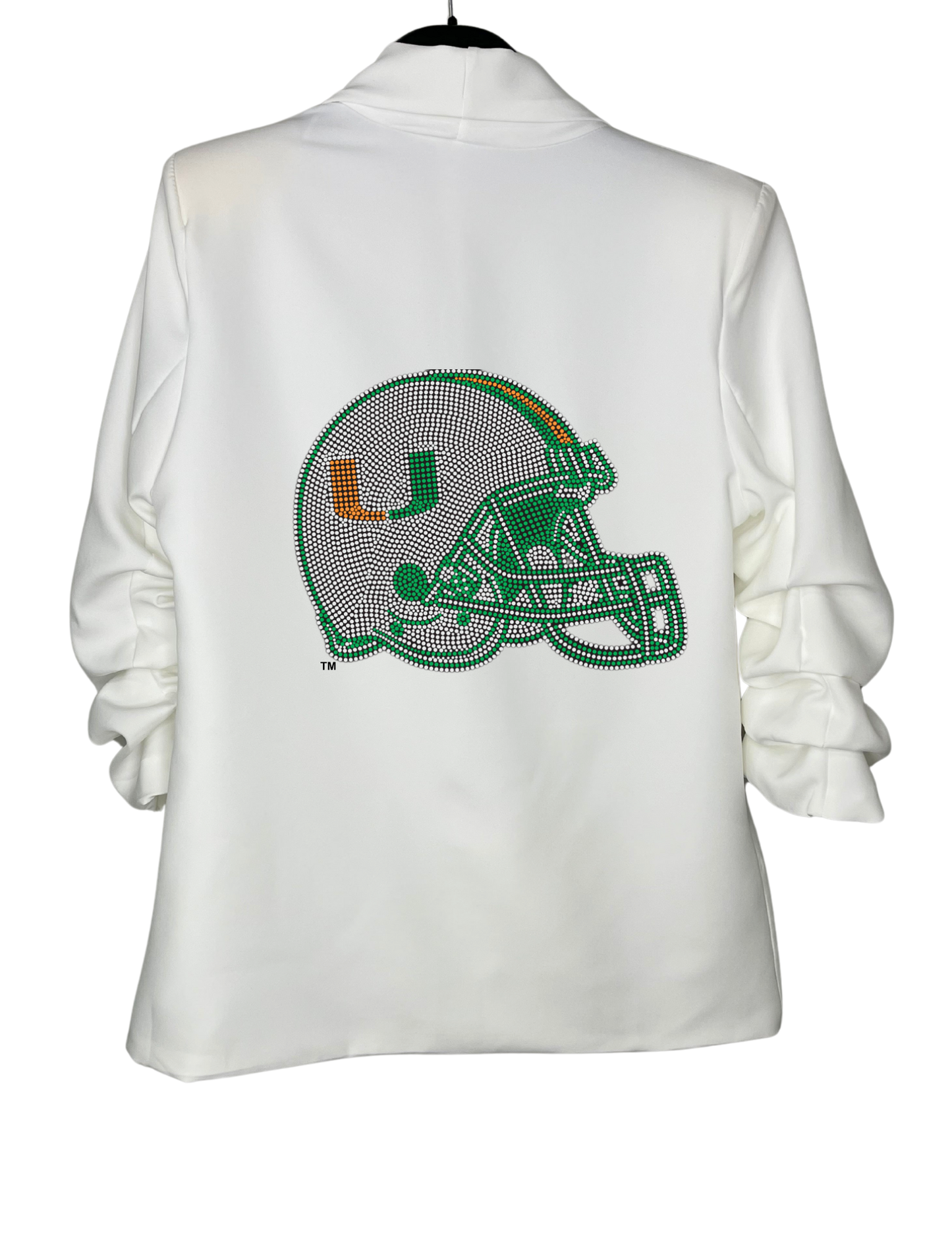 University Of Miami Helmet White Ruched Sleeve Blazer