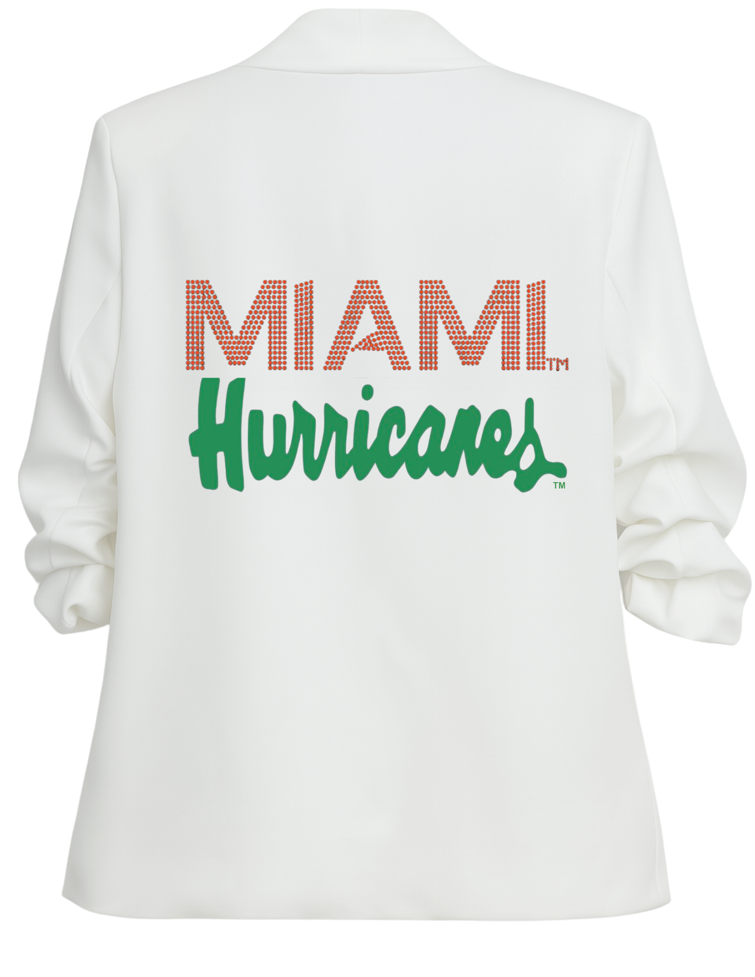 University Of Miami Hurricanes Script White Ruched Sleeve Blazer
