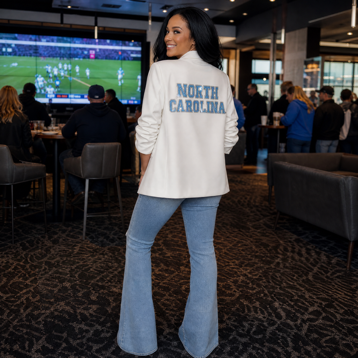 University of North Carolina Block Letters White Ruched Sleeve Blazer