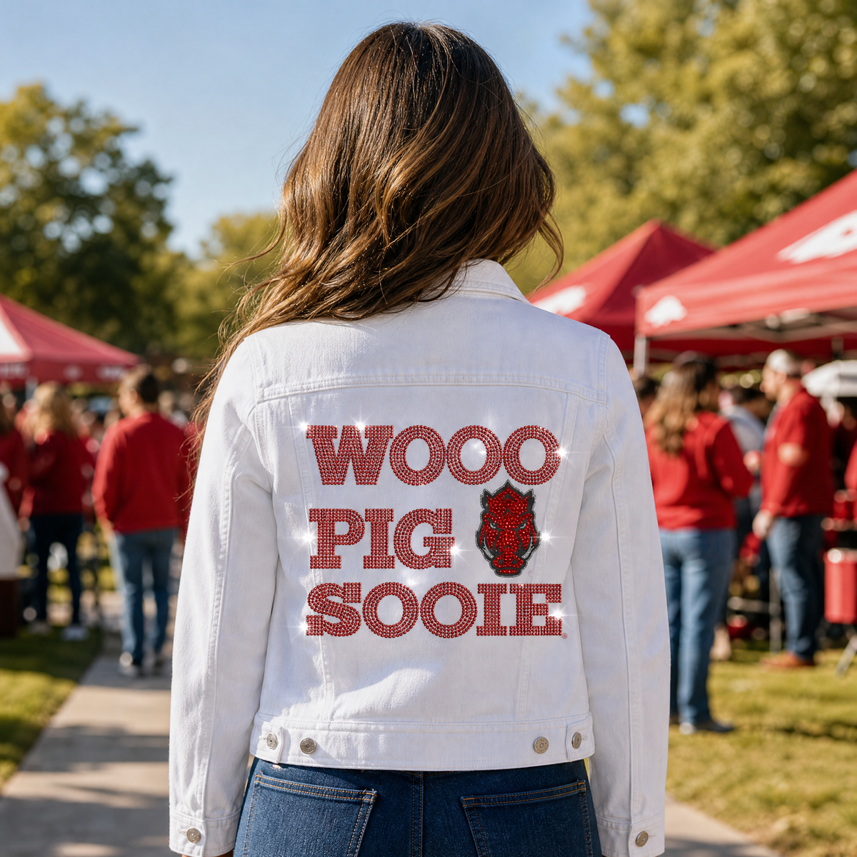 University of Arkansas Wooo Pig Sooie Razorback White Denim Jacket