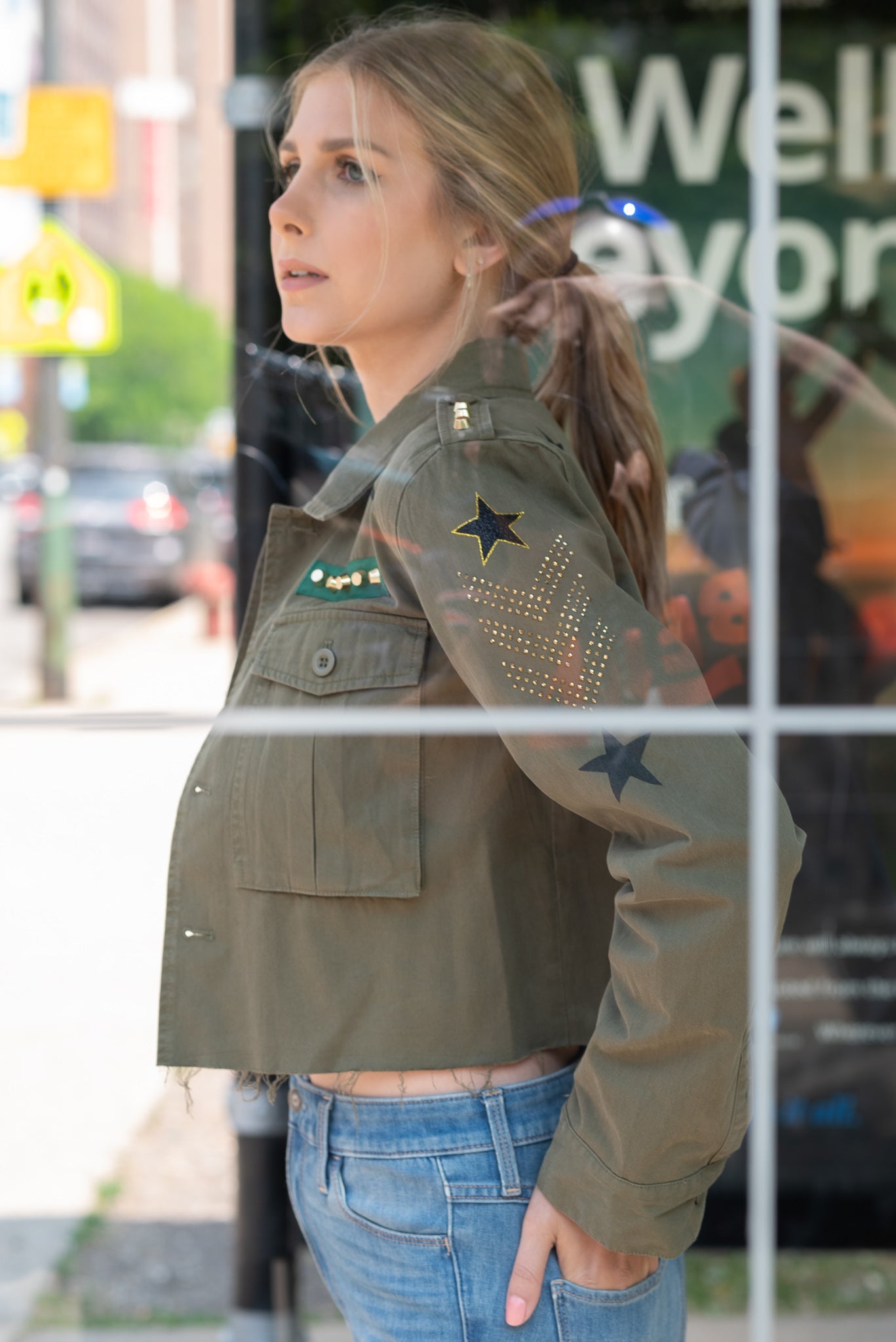 Shacket, Army Green Cropped, Gold Studs & Star