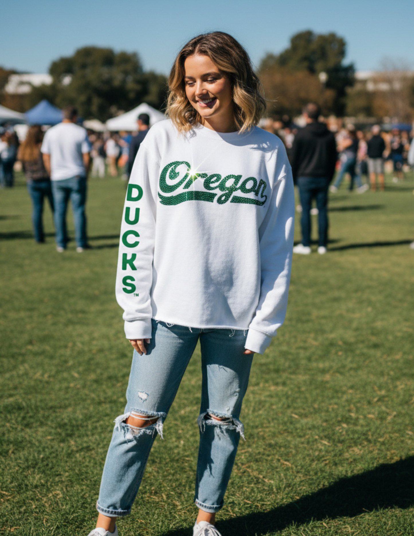 University Of Oregon Script Ducks White Crewneck Sweatshirt