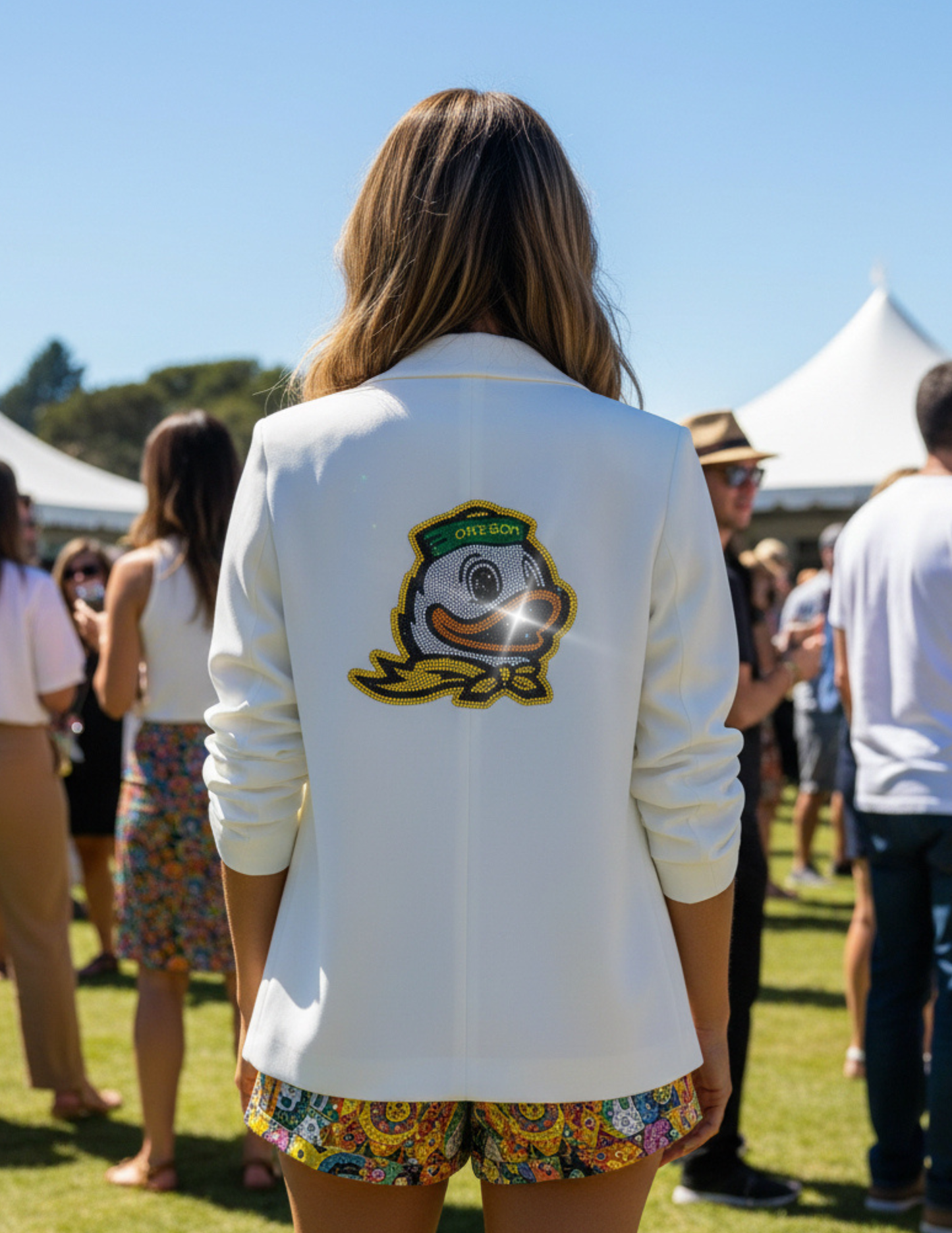 University of Oregon Duck Logo White Ruched Sleeve Blazer