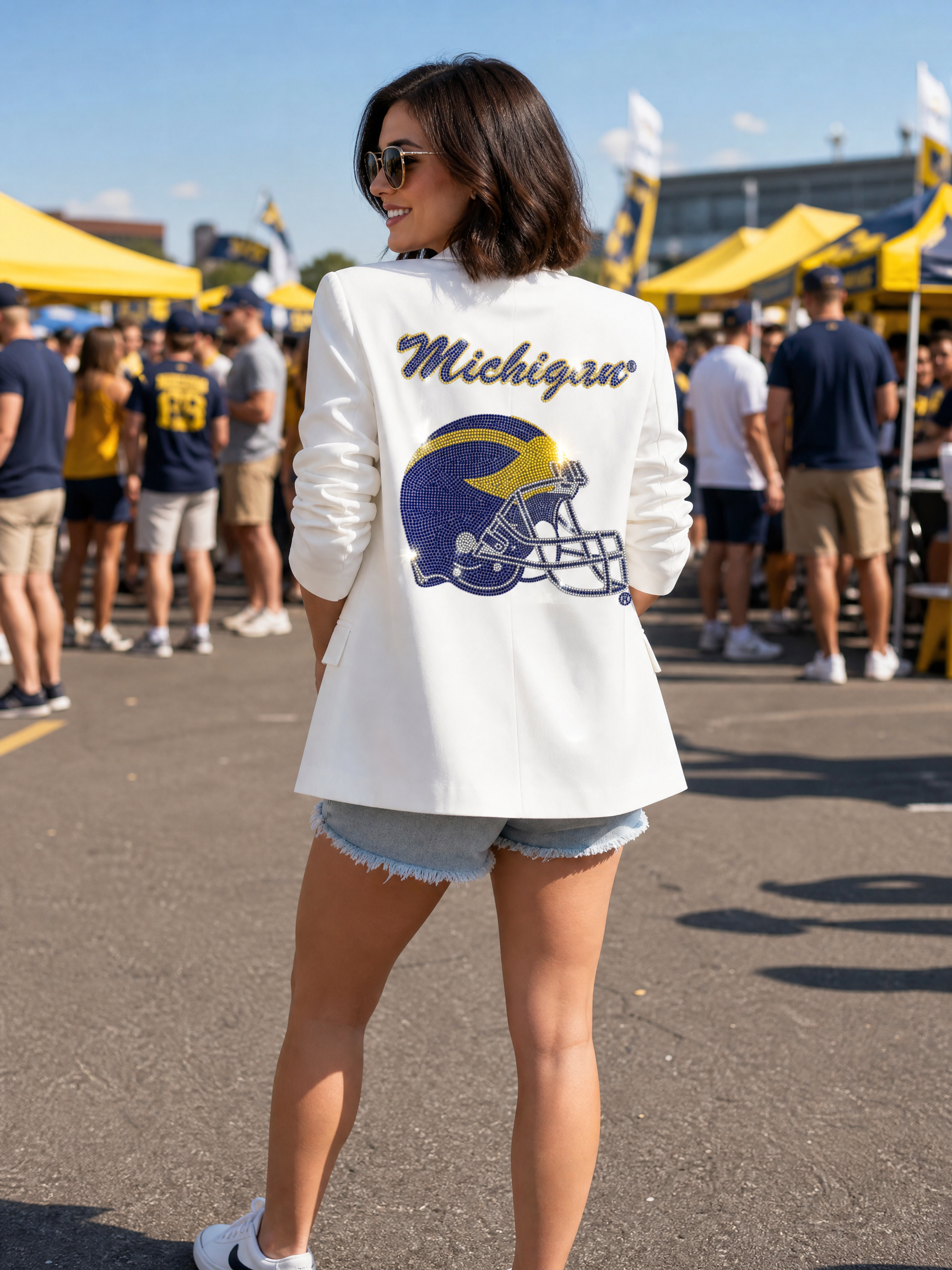 University of Michigan Script Helmet White Ruched Sleeve Blazer