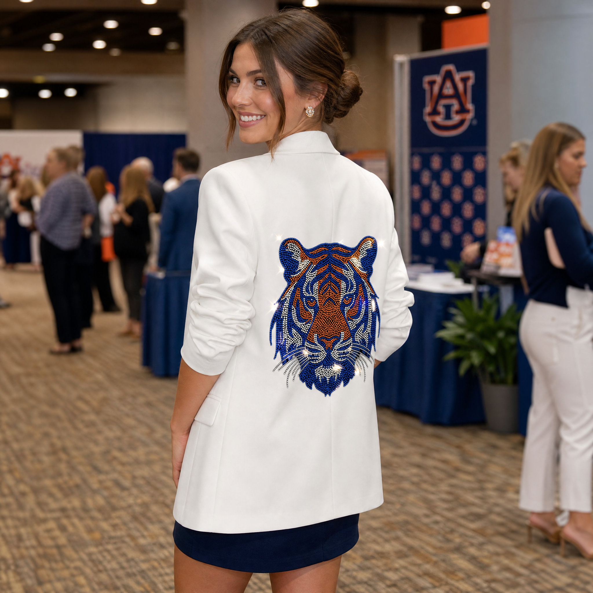 Auburn University Orange & Navy Tigers White Ruched Sleeve Blazer