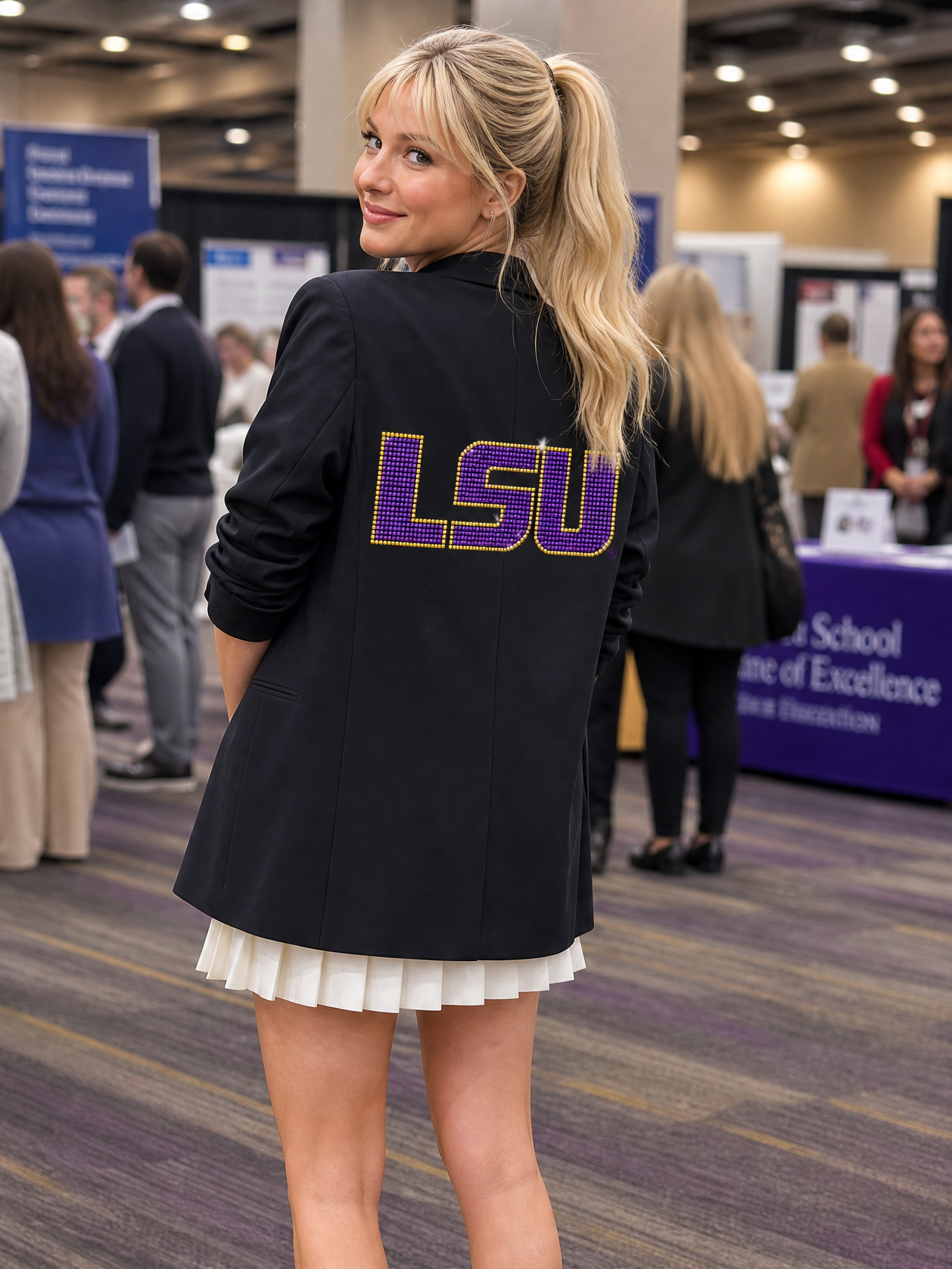 LSU Crystal Block Letters Black Ruched Sleeve Blazer