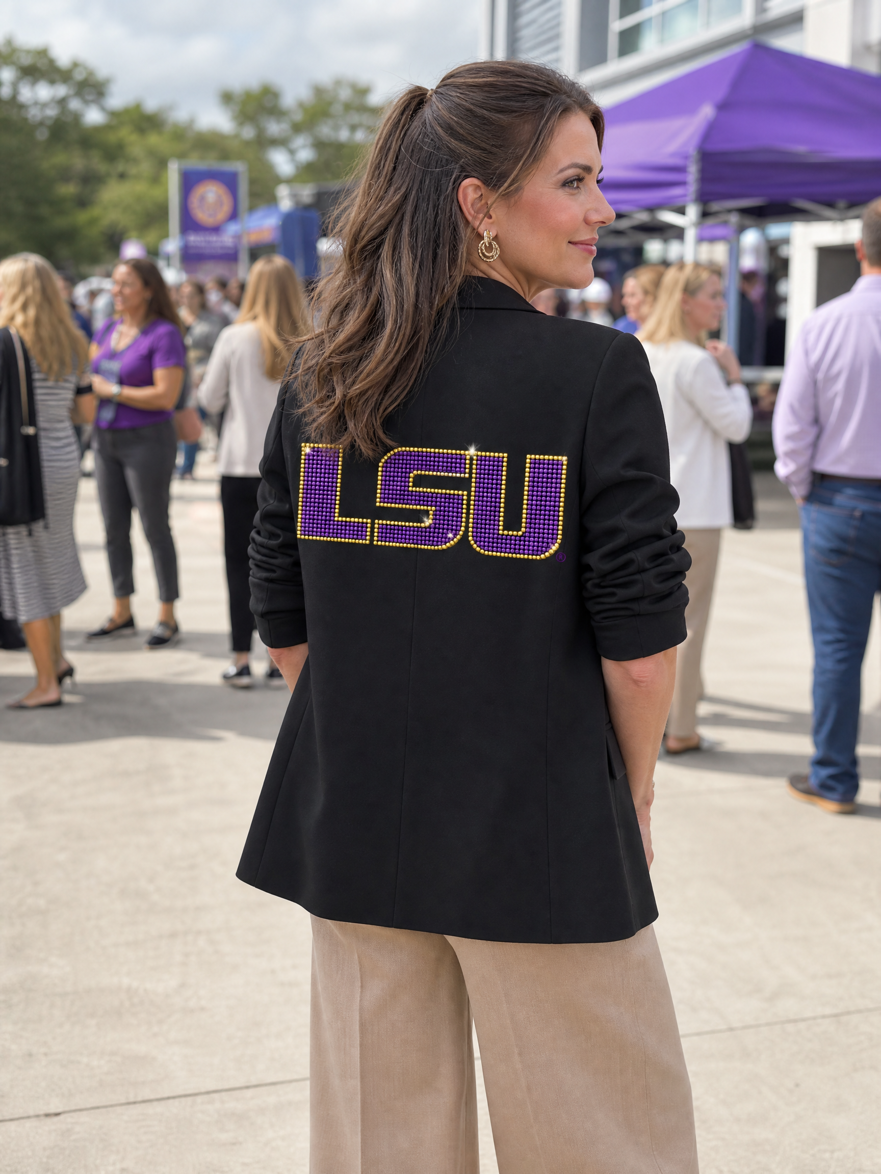 LSU Crystal Block Letters Black Ruched Sleeve Blazer