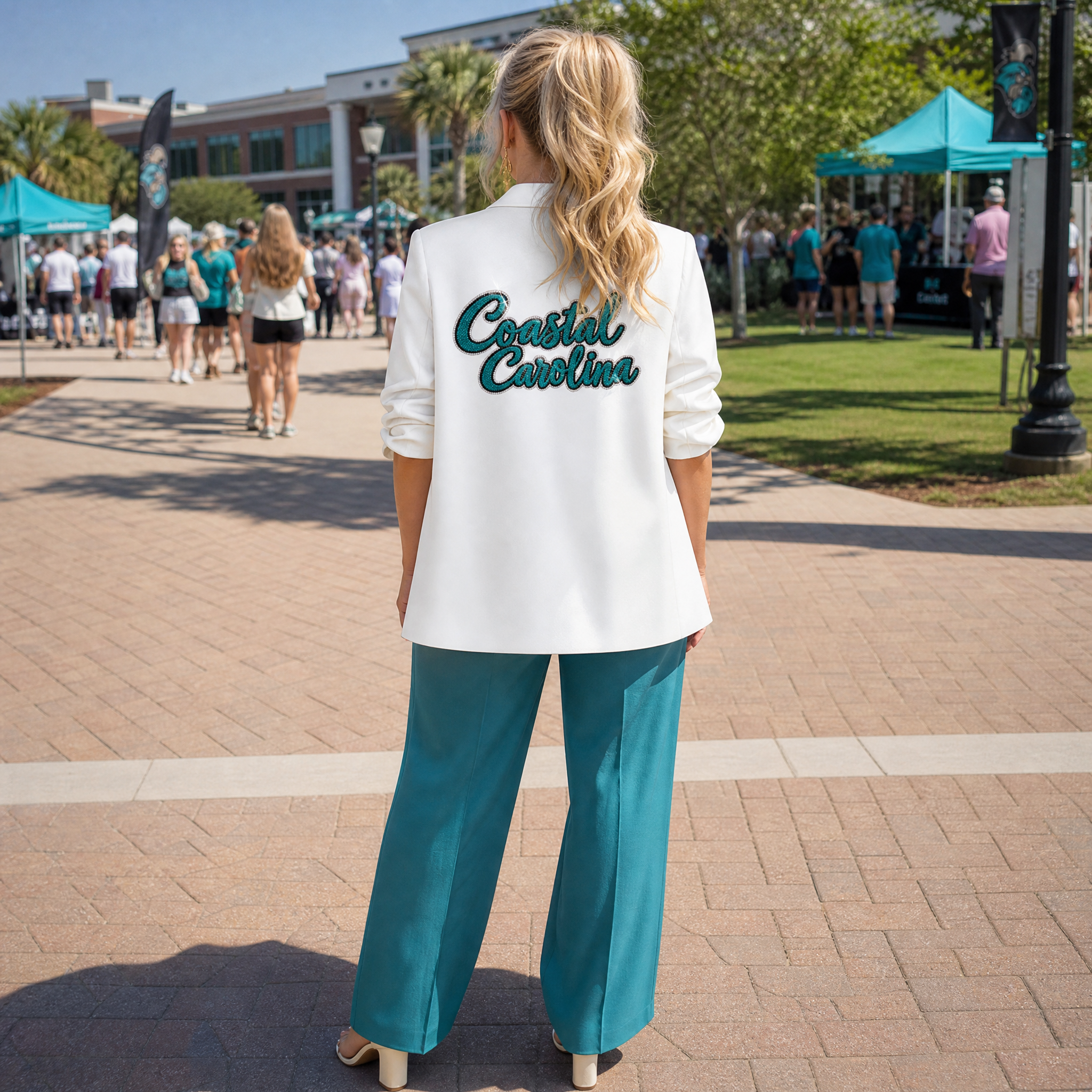 Coastal Carolina Script White Ruched Sleeve Blazer