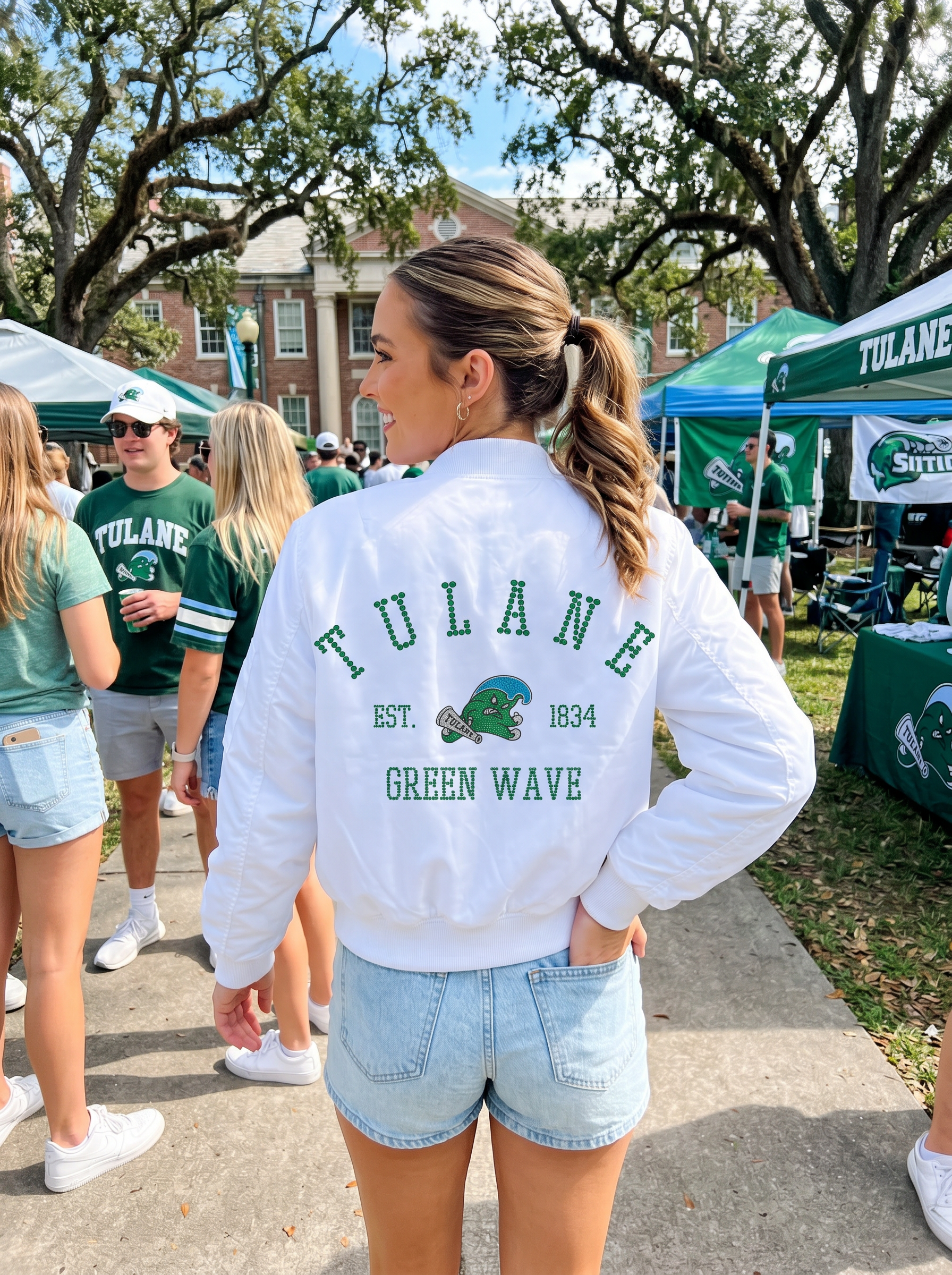 Tulane Vintage Green Wave EST 1834 White Bomber Jacket