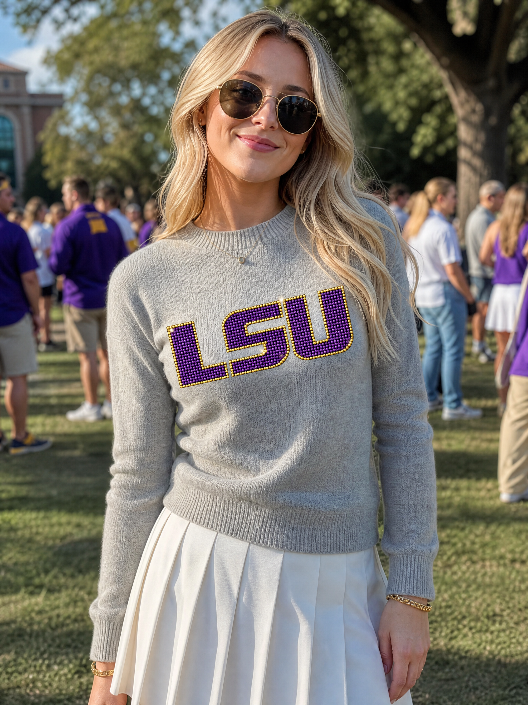 LSU Crystal Block Letters Gray Crewneck Sweater