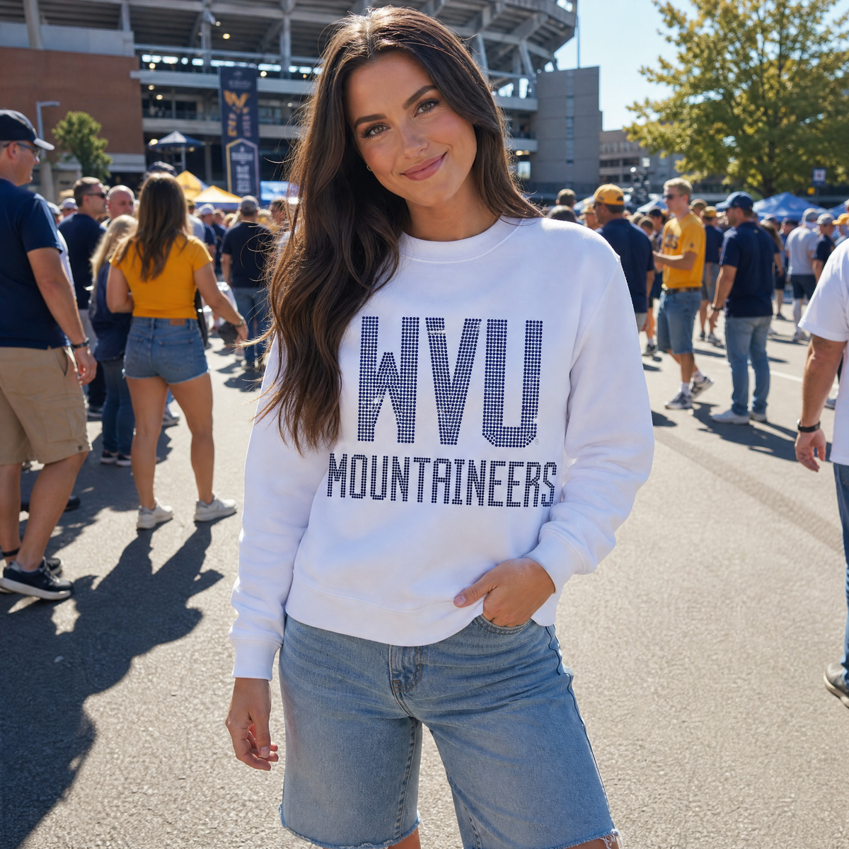 West Virginia WVU Block Mountaineers White Crewneck Sweatshirt