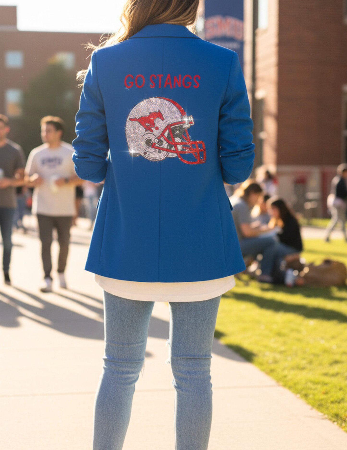 Licensed Game Day Blazer, Ruched Royal Blue, SMU Helmet Go Stangs