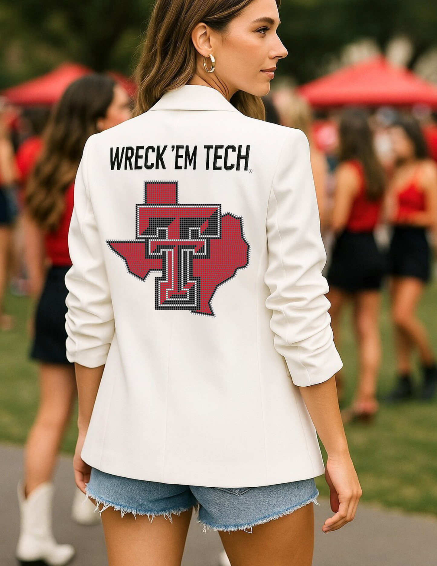 Licensed Game Day Blazer, Ruched White, Texas Tech TT State Wreck Em Tech