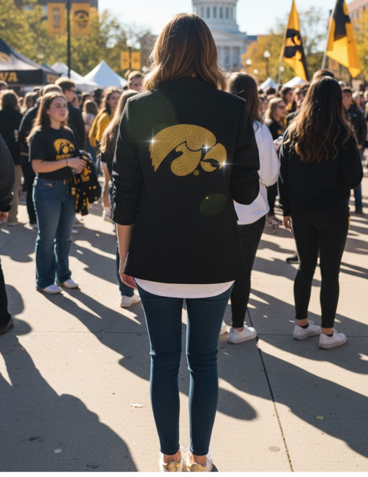 Licensed Game Day Blazer, Black Ruched, Univ of Iowa Yellow Tigerhawk
