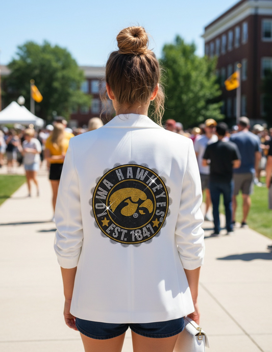 Licensed Game Day Blazer, White Ruched, Univ of Iowa Est 1841