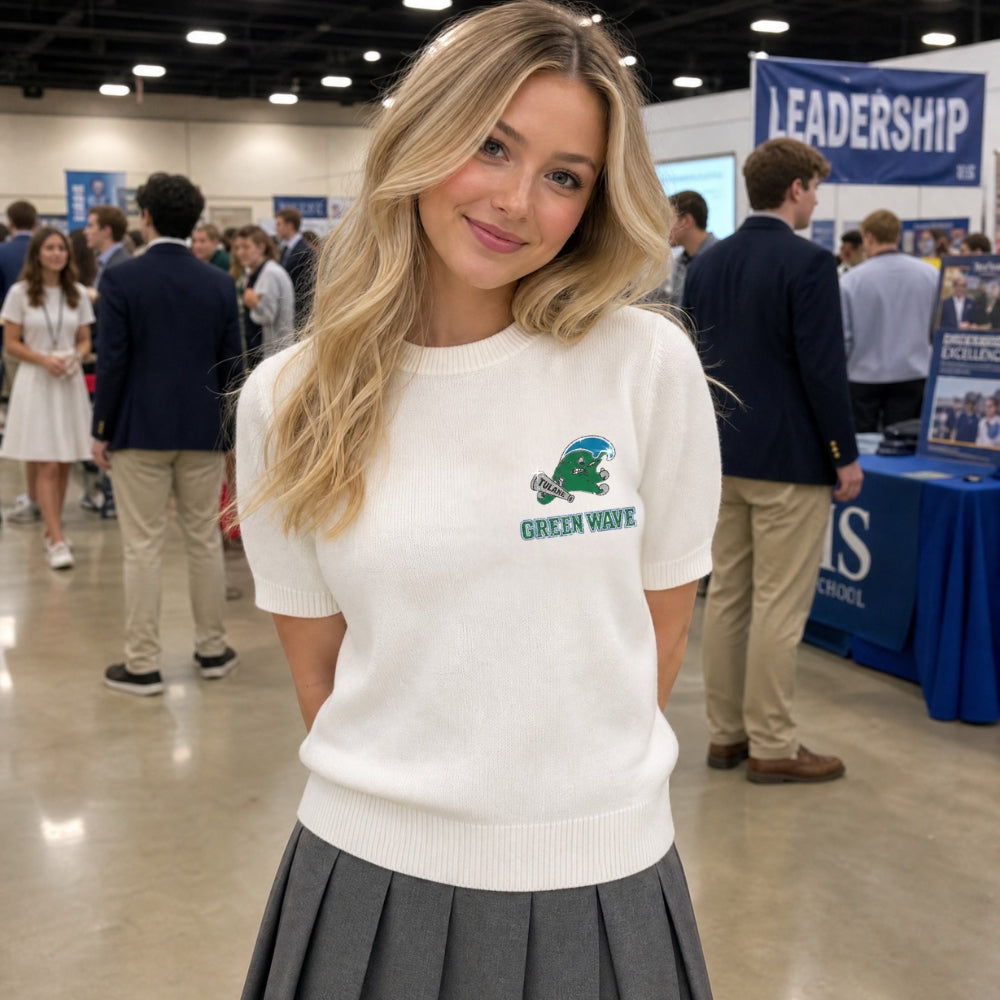 Tulane Small Green Wave Ivory Crewneck Short Sleeve Sweater