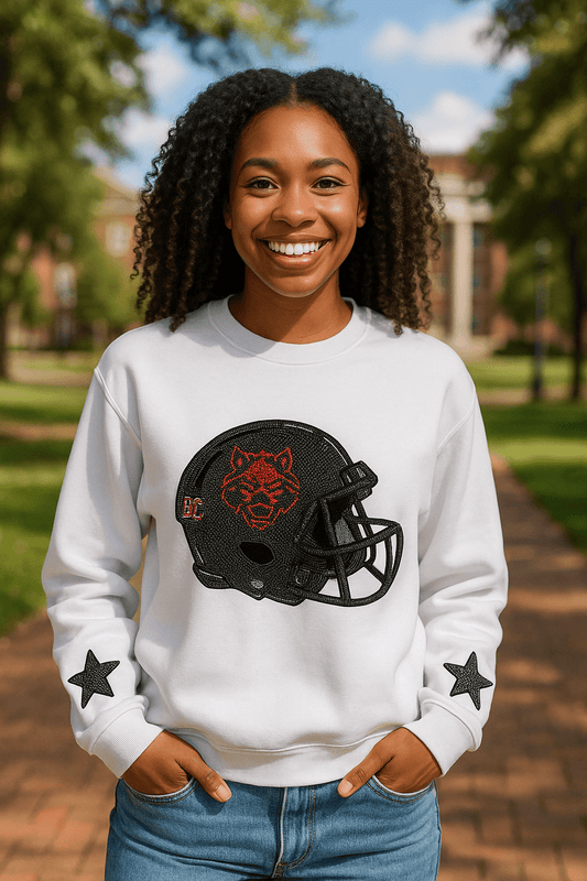 Licensed Game Day Sweatshirt, Crewneck White, Arkansas State Helmet & Stars