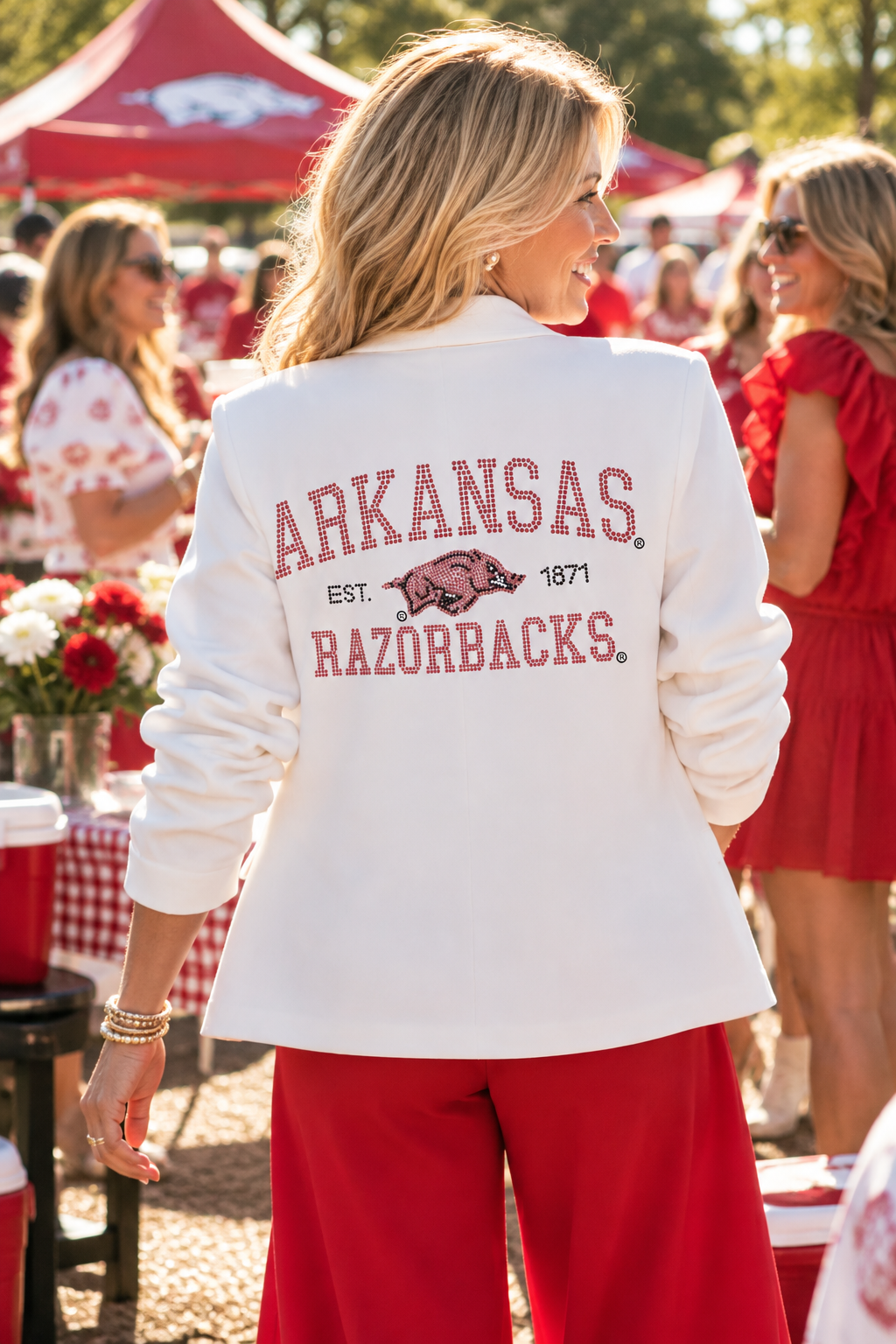 University of Arkansas Razorbacks Est. 1871 White Ruched Sleeve Blazer