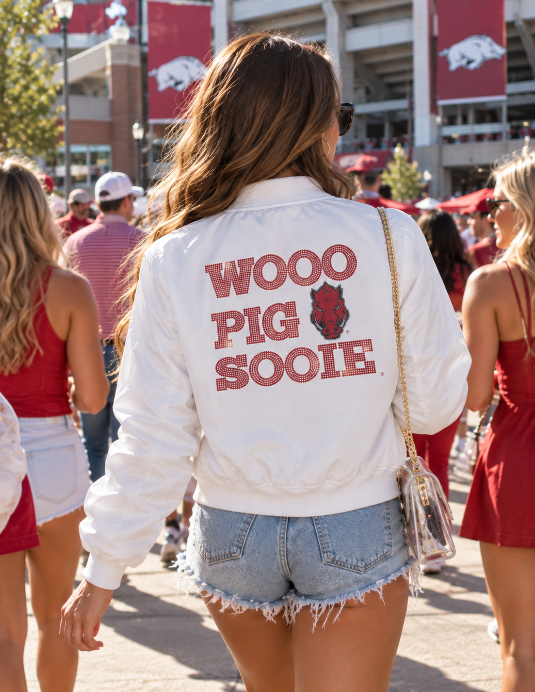 University of Arkansas Wooo Pig Sooie Razorback White Bomber Jacket