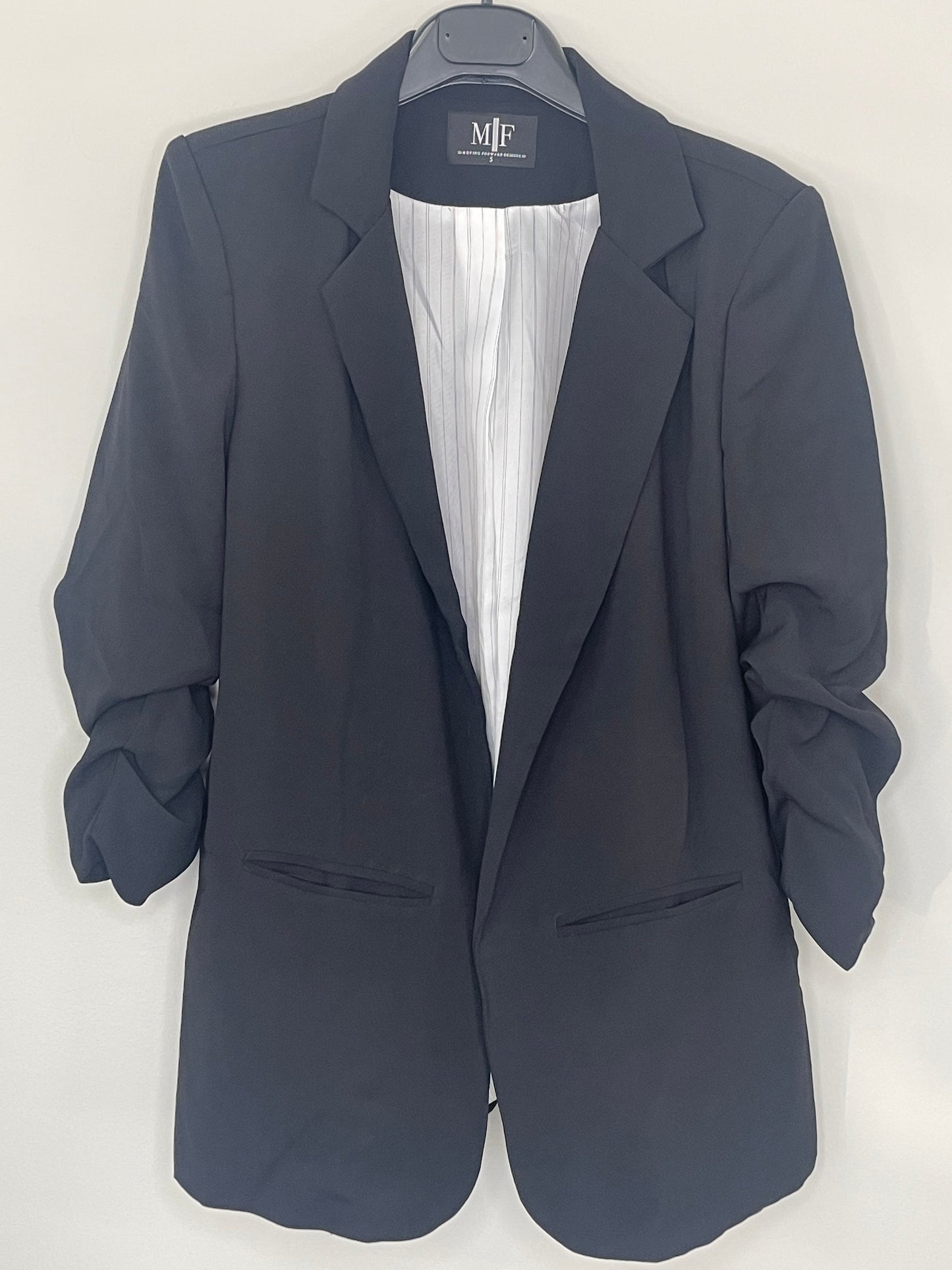 Black Ruched Blazer with Pinstripe Lining