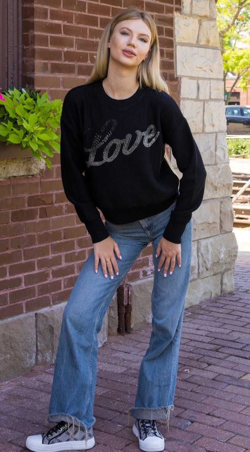 Sweater, Crewneck Black, Gunmetal Love Script