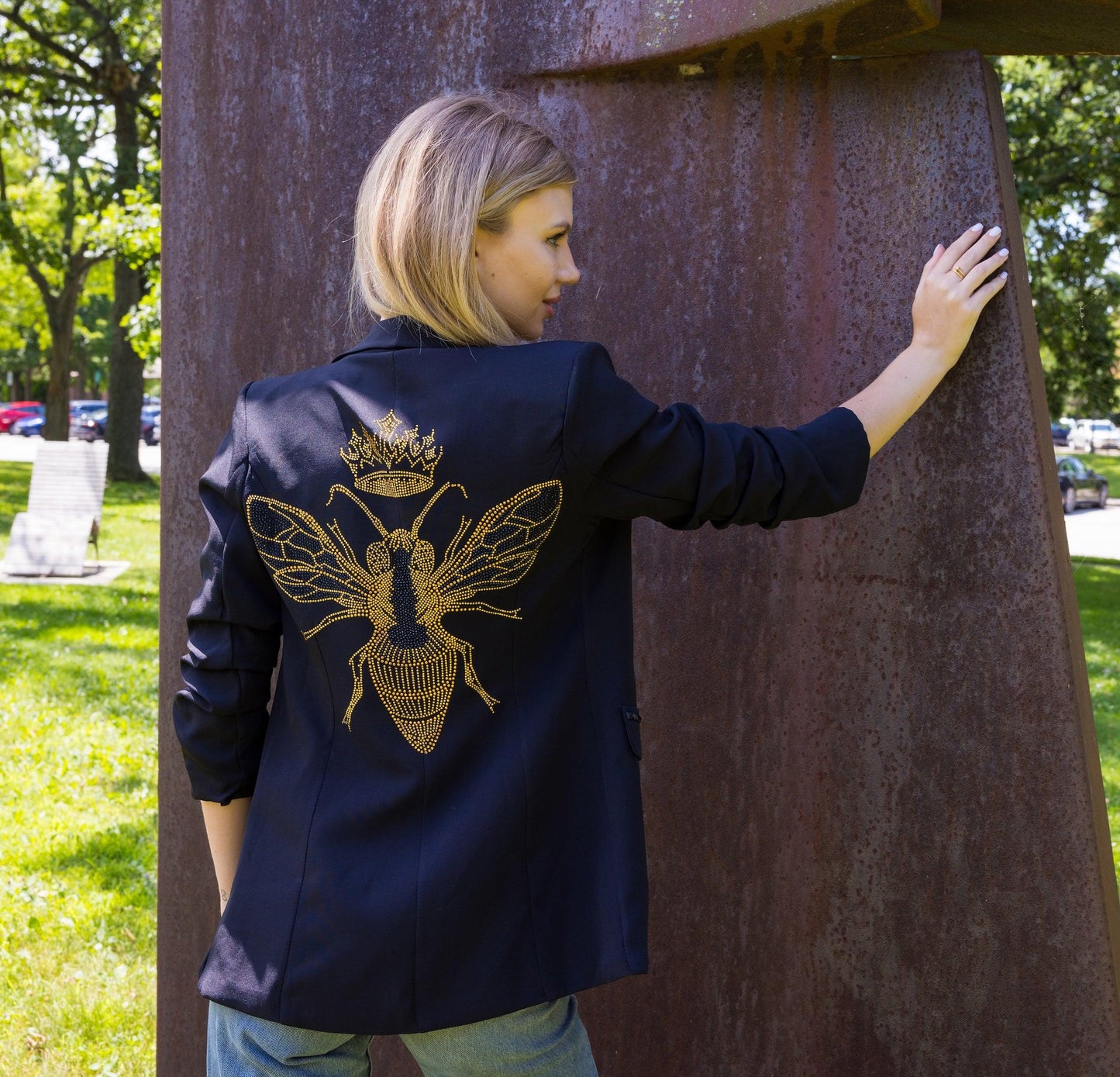 Black Ruched Blazer with Pinstripe Lining with Crystal Gold Queen Bee
