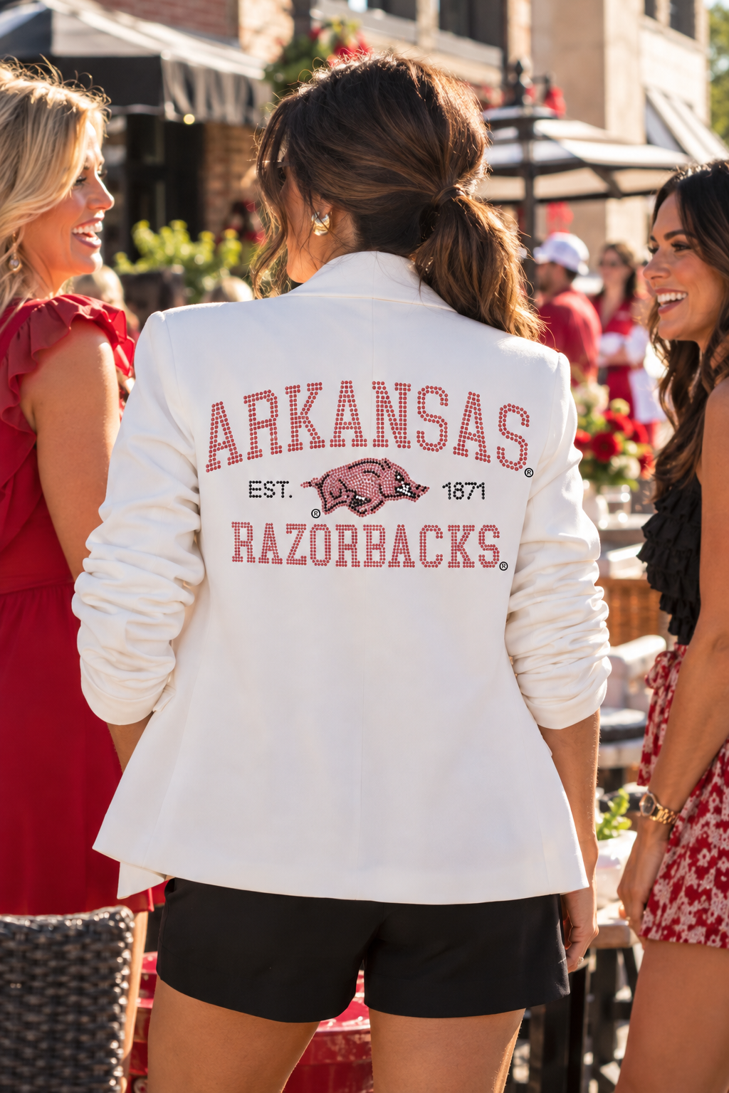 University of Arkansas Razorbacks Est. 1871 White Ruched Sleeve Blazer