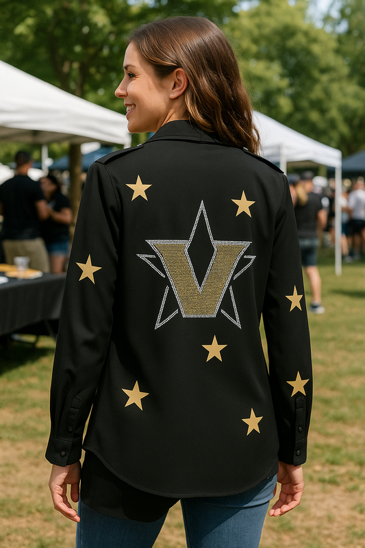 Licensed Game Day Shacket, Black, Vanderbilt Star & Gold Stars