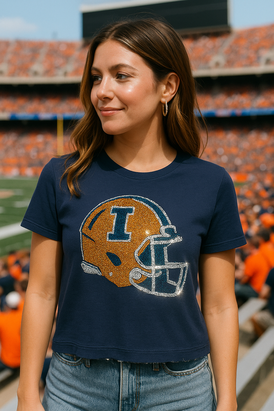 Licensed Game Day T-Shirt, Crewneck Navy, University of Illinois Helmet