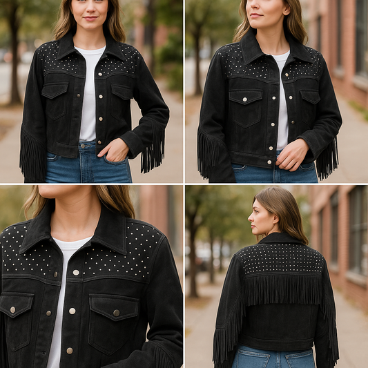 Jacket, Suede Fringe Black, Crystal Waterfall