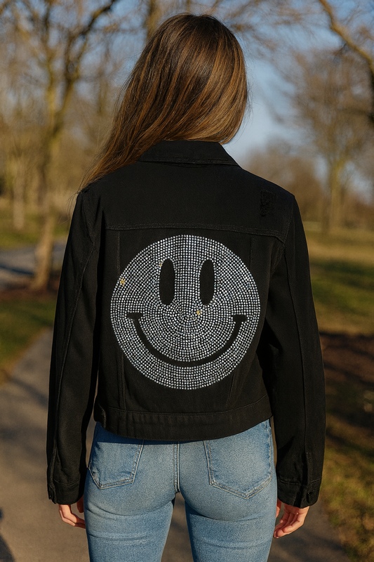 Jacket, Black Denim, Silver Smiley