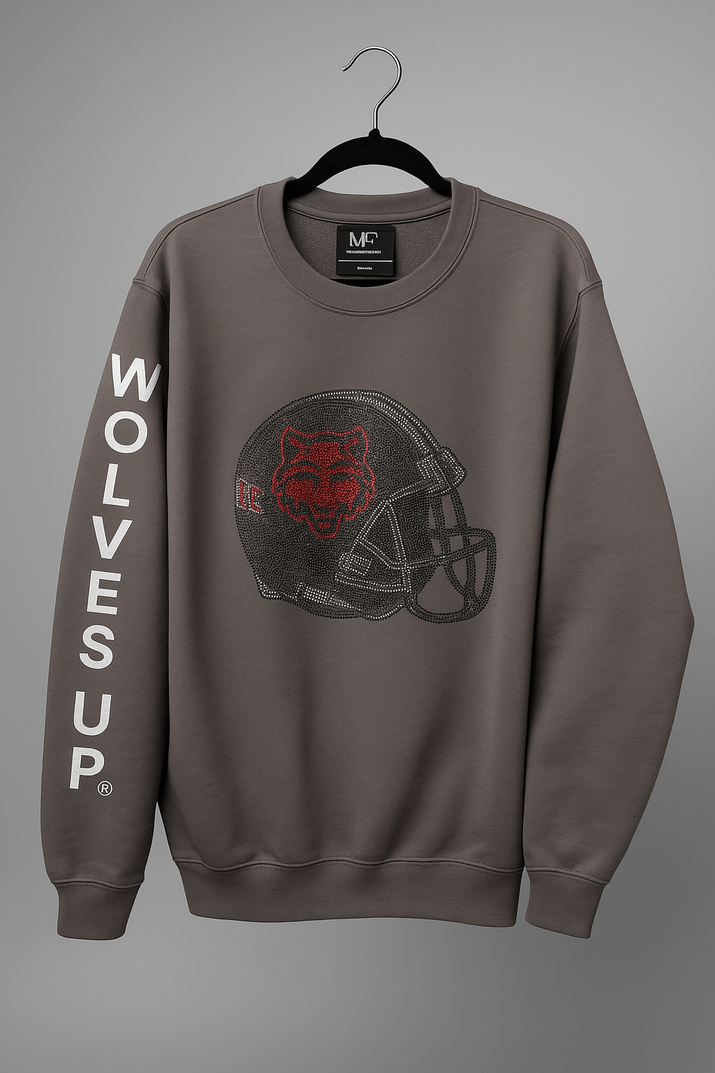 Licensed Game Day Sweatshirt, Crewneck Gray, Arkansas State Wolves Up Helmet