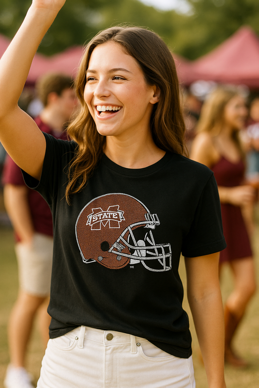 Licensed Game Day T-Shirt, Black Short Sleeve Crewneck, Mississippi State Helmet