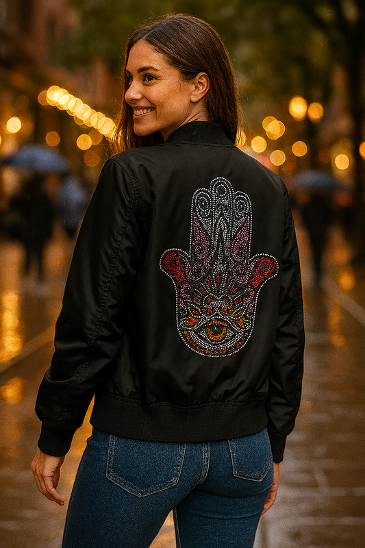 Woman wearing a black bomber jacket with a colorful Hamsa design on the back, standing in an outdoor setting with blurred lights.
