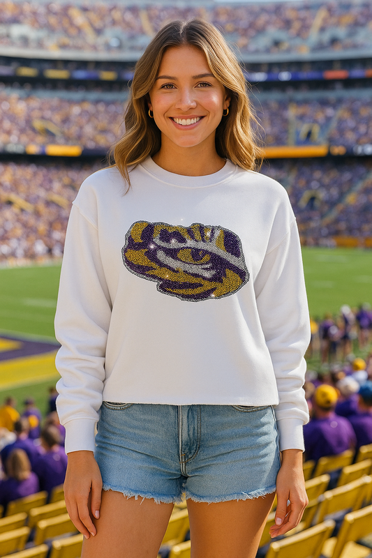 Licensed Game Day Sweatshirt, Crewneck White, LSU Tiger Eye