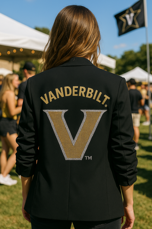 Licensed Game Day Blazer, Black Ruched, Vanderbilt Curve Gold & Silver V
