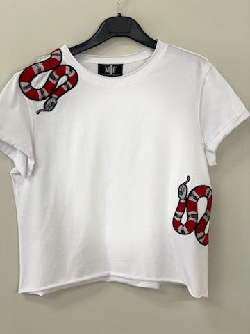 T-Shirt, Raw Edge White, Red Snakes