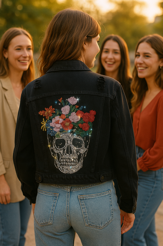 Jacket, Black Denim, Flower Skull