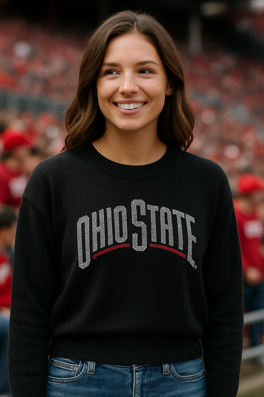 Licensed Game Day Sweater, Crewneck Black, Ohio State Curve White
