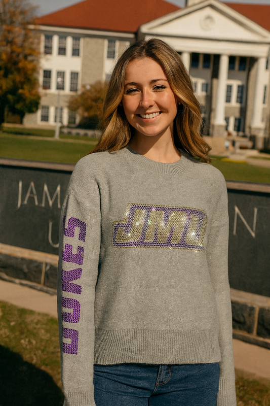 Licensed Game Day Sweater, Crewneck Gray, Crystal JMU and Dukes