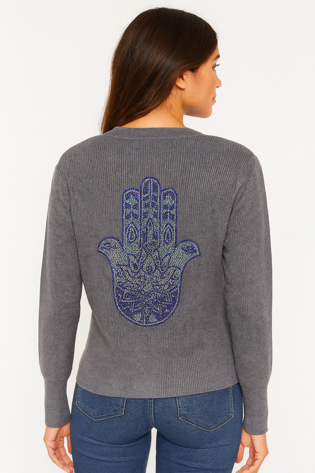 Gray Cardigan w/ Blue Hamsa