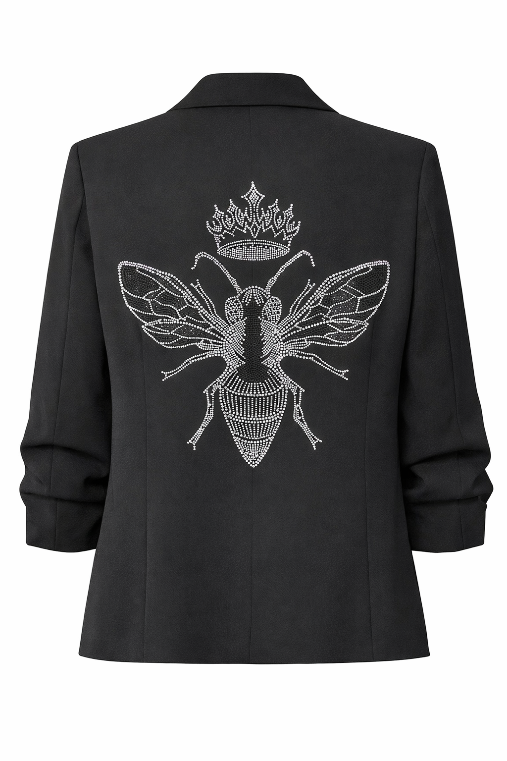 Silver Queen Bee on Black Ruched Sleeve Blazer