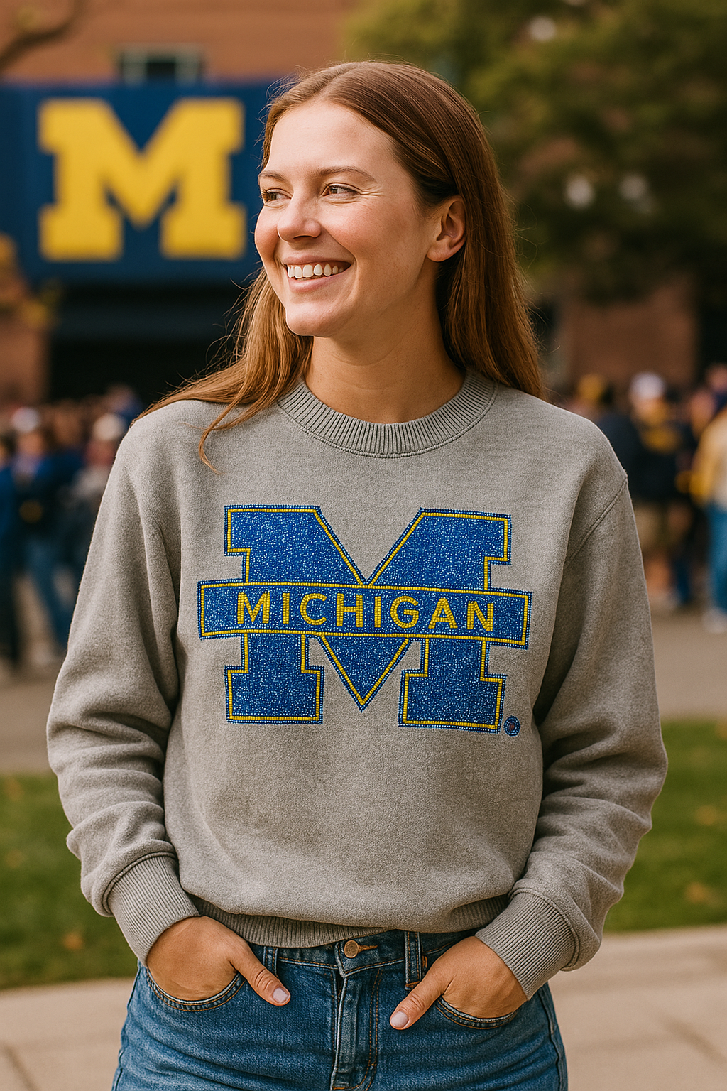 Licensed Game Day Sweater, Crewneck Grey, University of Michigan Block M
